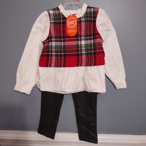 Wonder Nation Holiday 4t Red Plaid Flannel Top Black Faux Leather Pants NWT - Picture 2 of 11